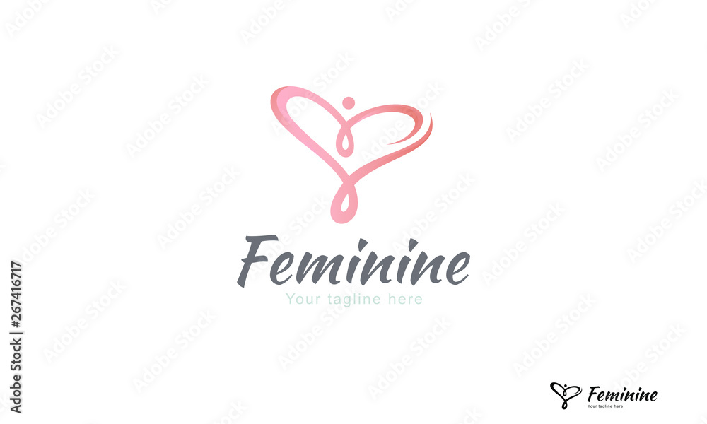 Elegant heart shape logo in pink as a woman figure showing growth in ribbon form