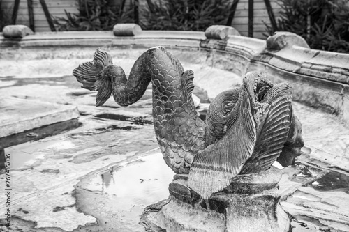 Detail of Karlsbrunnen or Karl's Fountain in front of the Aachen Town Hall, Germany, black and white photography photo