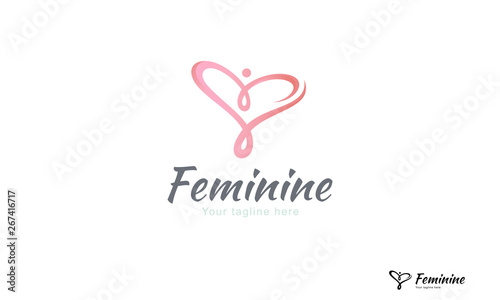 Elegant heart shape logo in pink as a woman figure showing growth in ribbon form © VecRas
