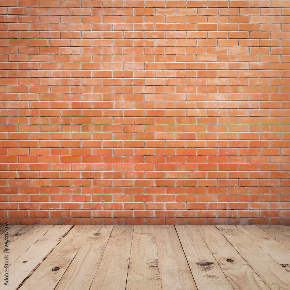 Old red brick wall and wood floor background and texture with copy space