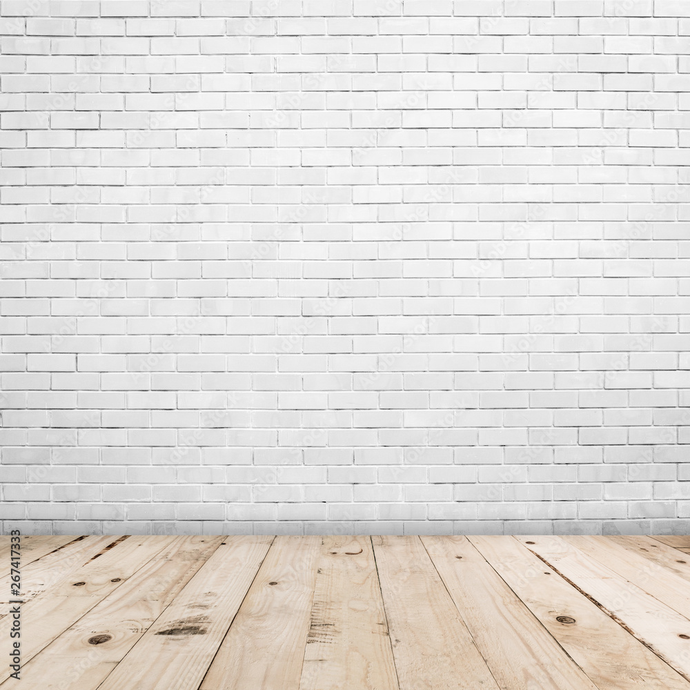 Old white brick wall and wood floor background and texture with copy space