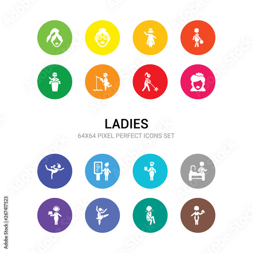 16 ladies vector icons set included woman cooking, woman crying, woman dancing ballet, device user, dish washer, doctor, doing a presentation, exercising, face, farmer, fishing icons