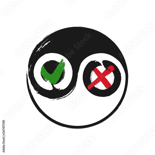 Vector hand drawn watercolor brush yin yang symbol of harmony with yes and no icon. Balance black and white circle correct and wrong sign on white background. Ying yang buddism religion illustration