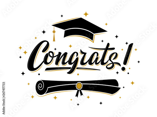 Congrats! greeting sign for graduation party. Class of 2019. Academic cap and diploma. Vector design for congratulation ceremony, invitation card, banner. Grads symbol for university, school, academy photo