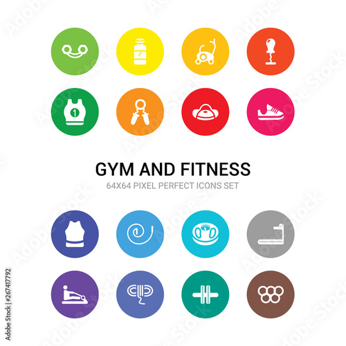 16 gym and fitness vector icons set included rings, roller, rope, rowing machine, running machine, scale, skipping rope, sleeveless, sneakers, sport bag, sport expander icons
