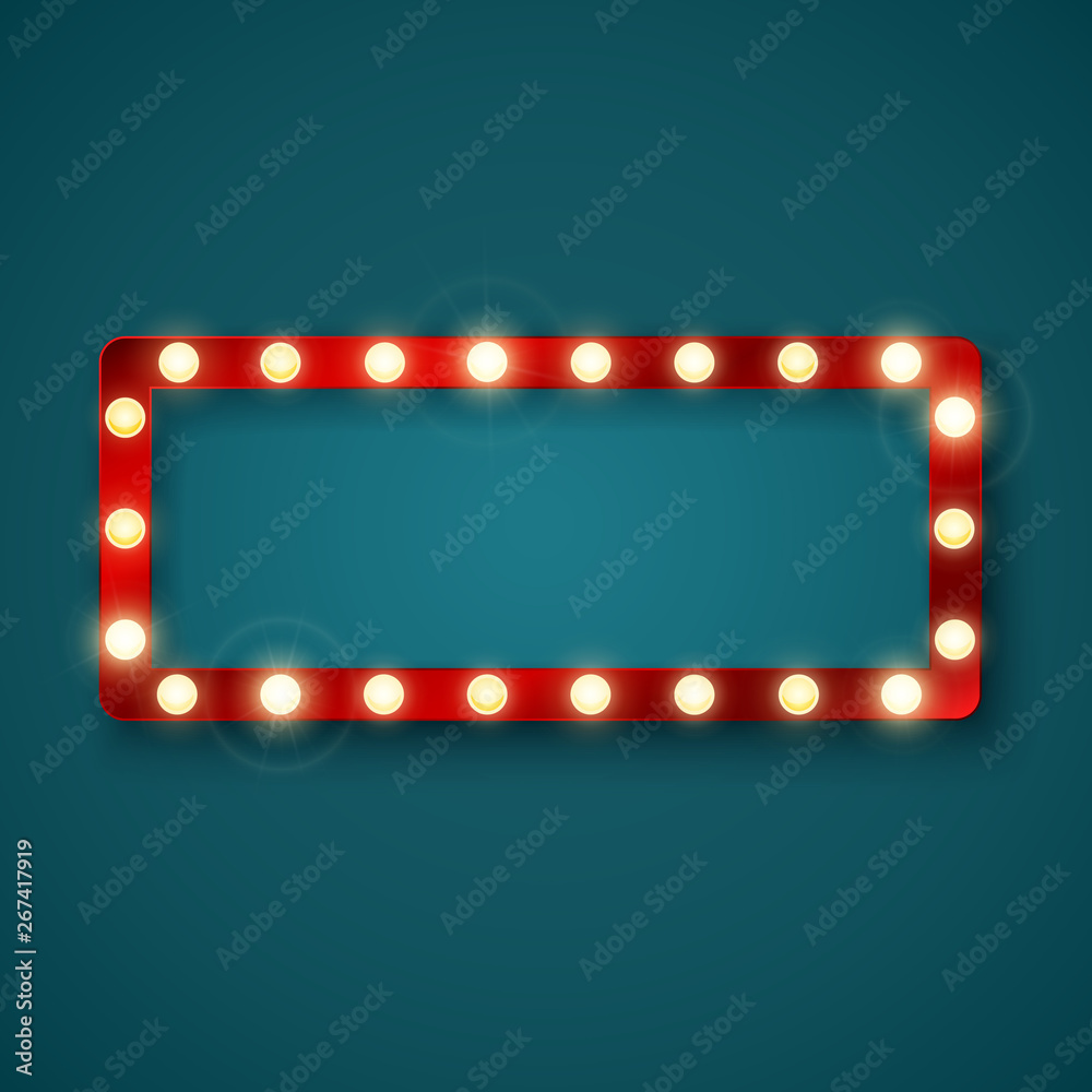 Retro banner sign with red frame and glowing bulbs. Colorful vintage advertisement billboard with space for text. Vector illustration