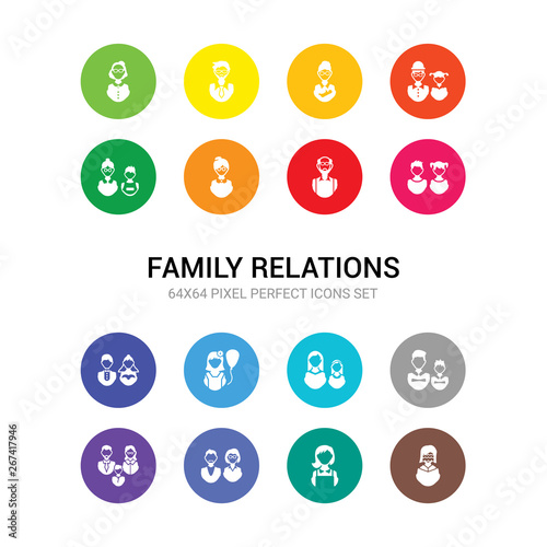 16 family relations vector icons set included widow / widower, wife, aunt's or uncle's child, parent, son, daughter, child, spouse, sibling, grandfather, grandmother icons