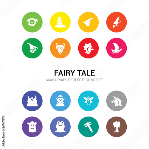 16 fairy tale vector icons set included talking tree, thor, toad, troll, unicorn, valkyrie, vampire, viking, viking ship, warrior, werewolf icons
