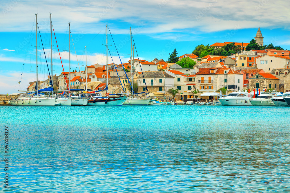 Panorama with harbor and old fishing village, Primosten, Dalmatia, Croatia
