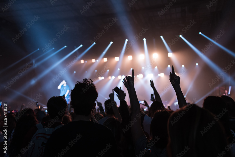 Fototapeta premium hands to the skies of people dancing and having fun at the live music concert