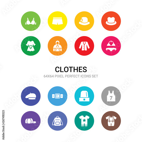 16 clothes vector icons set included baby clothes, baby grow, bag, baseball cap, basketball jersey, beanie, belt, beret, bikini, blazer, windbreaker icons