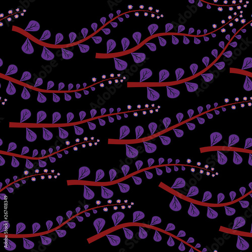 Horisontal branches flat vector pattern seamless black background