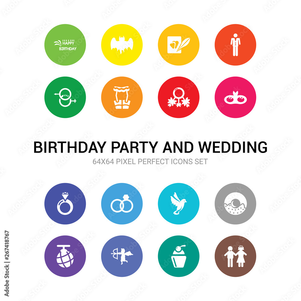 16 birthday party and wedding vector icons set included couple, cupcake, cupid, disco ball, donut, dove, engagement, engagement ring, eye mask, garland, garter icons 16 birthday party and wedding vector icons set included couple, cupcake, cupid, disco ball, donut, dove, engagement, engagement ring, eye mask, garland, garter icons