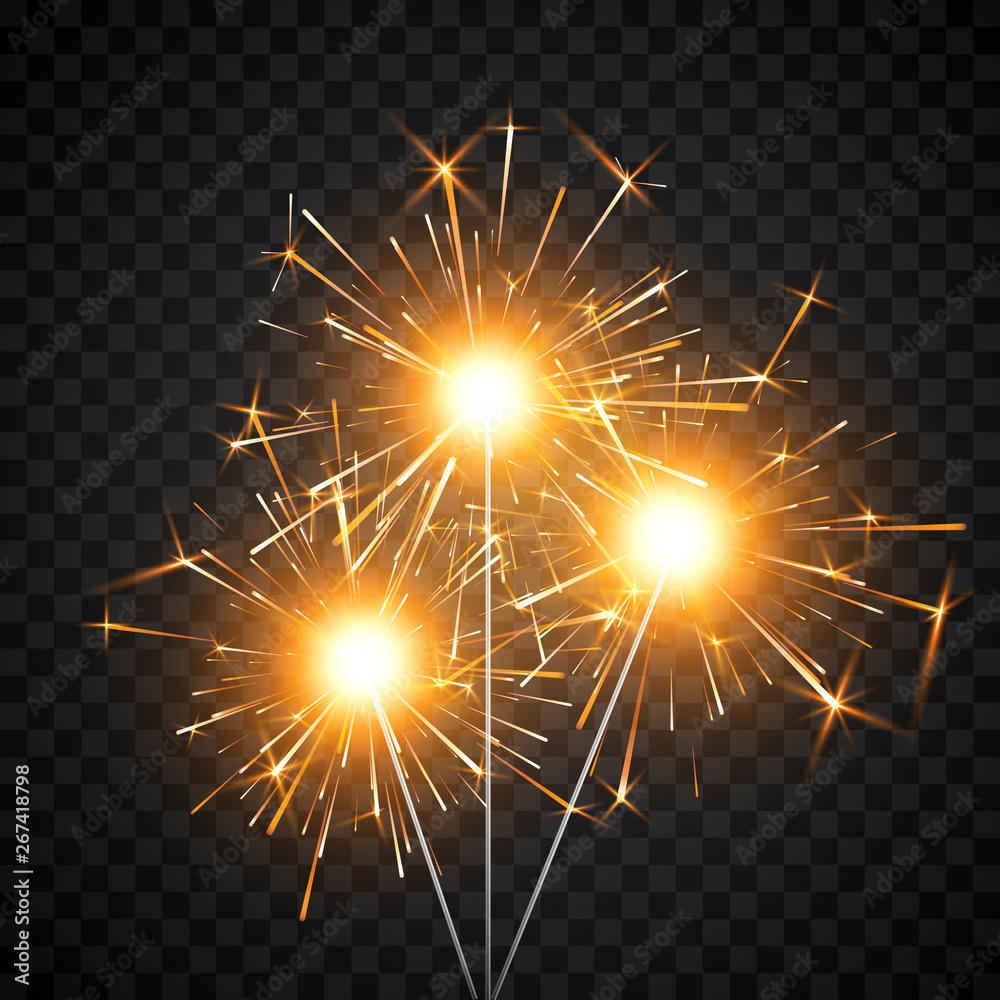 Burning shiny sparkler firework. Bengal fire. Party decor element. Magic light. Realistic light effect. Vector illustration isolated on black background