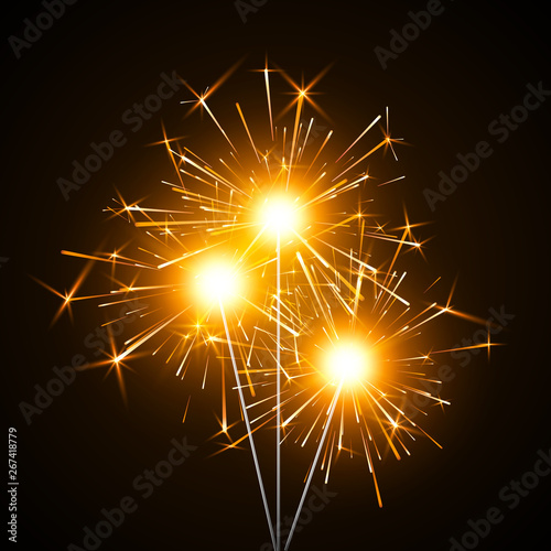 Bengal fire. Party decor element. Magic light. Burning shiny sparkler firework. Realistic light effect. Vector illustration isolated on black background