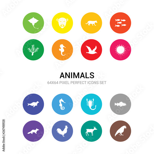 16 animals vector icons set included raven, roe, rooster, sable, salmon, scorpion, sea horse, sea lion, sea urchin, seagull, seahorse icons