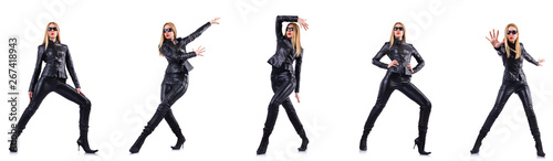 Dancing woman in black leather costume