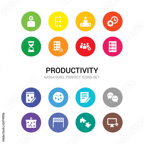 16 productivity vector icons set included productivity tools, puzzle piece, racing flag, soccer tactics diagram, speech bubbles, survey, tactics, task page with marks, tasks, teamwork, time