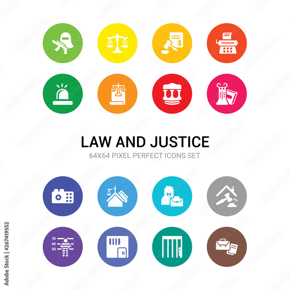 16 law and justice vector icons set included practise areas, prisioner, prison, prisoner, property and finance, qualified protection, real estate law, recorder, roman law, roman scroll with icons