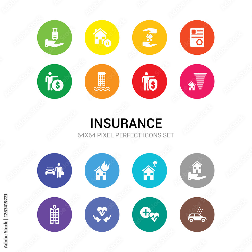 16 insurance vector icons set included hail on the car, health insurance, heart insurance, hospitalization, house house for storms, house on fire, agent, for home of tornado, of a shield with 16 insurance vector icons set included hail on the car, health insurance, heart insurance, hospitalization, house house for storms, house on fire, agent, for home of tornado, of a shield with