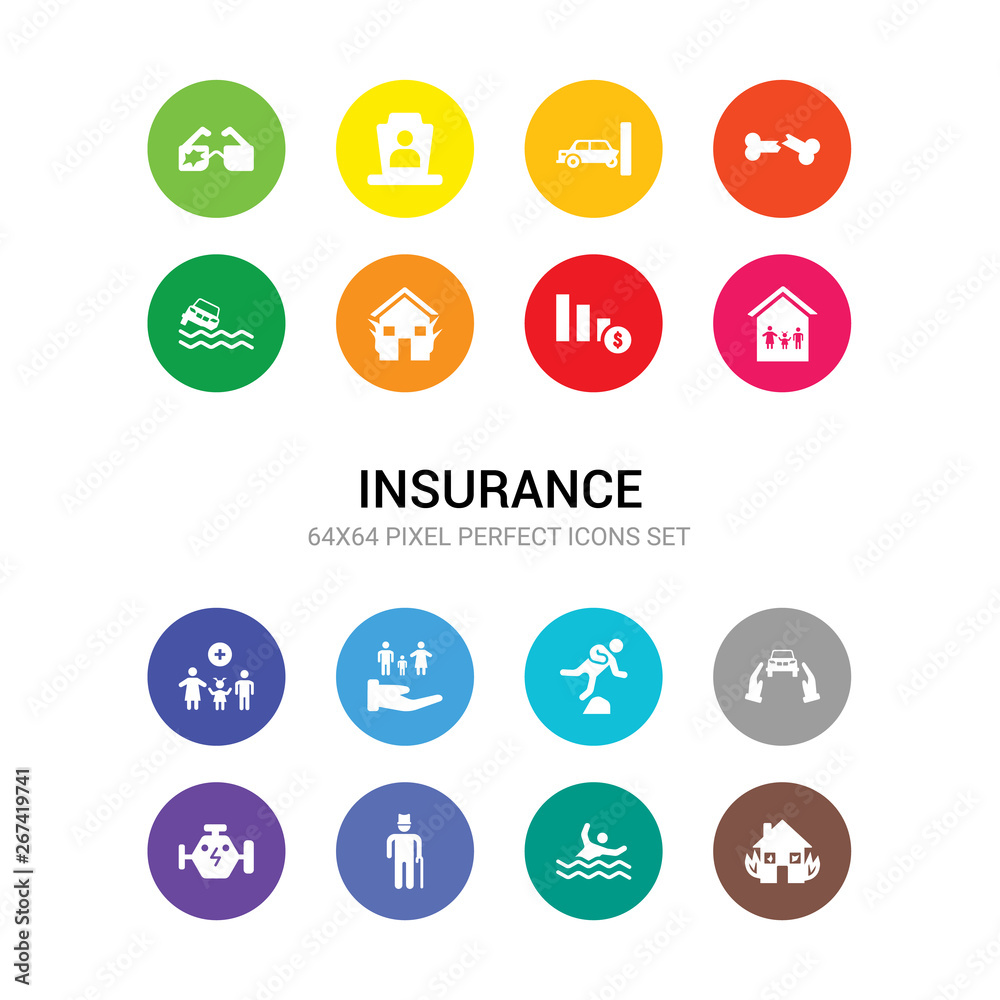 16 insurance vector icons set included disaster, drown, elderly, engine problems, excessive weight for the vehicle, falling, familiar insurance, family care, family house, finances, fire insurance