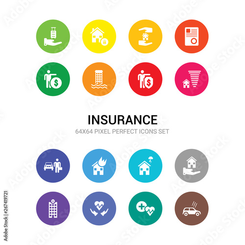 16 insurance vector icons set included hail on the car, health insurance, heart insurance, hospitalization, house house for storms, house on fire, agent, for home of tornado, of a shield with