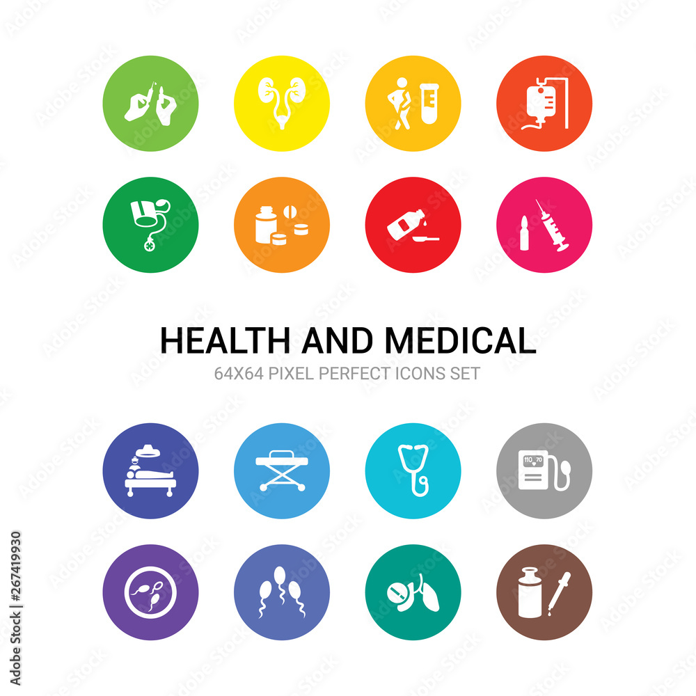 16 health and medical vector icons set included serum, smoking, sperm, spermatozoon, sphygmomanometer, stethoscope, stretcher, surgery, syringe, syrup, tablets icons