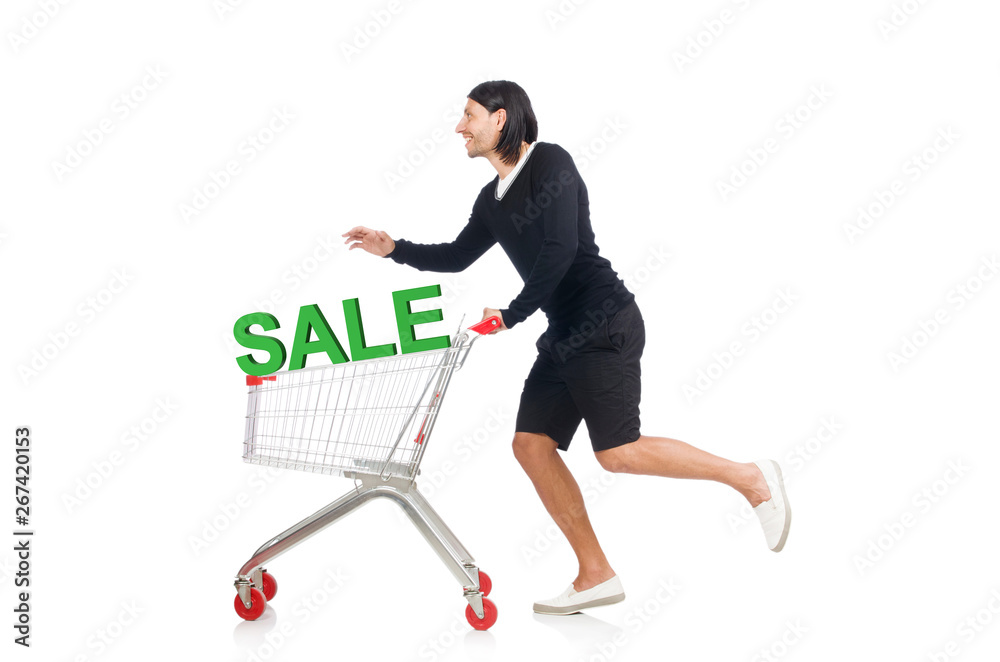 Man in sale and discount shopping concept