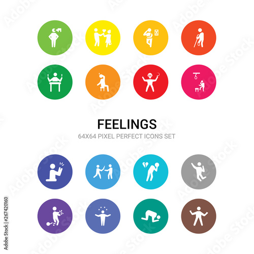 16 feelings vector icons set included good human, grateful human, great human, guilty happy heartbroken helpless hopeful hopeless horrible hot icons