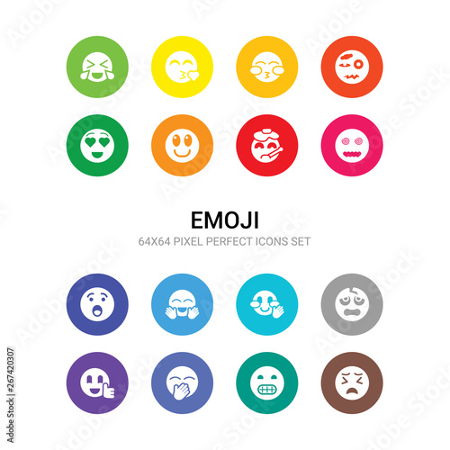 16 emoji vector icons set included frowning with open mouth emoji, grinning emoji, hand over mouth happy headache hello hugging hushed hypnotized ill imagine icons