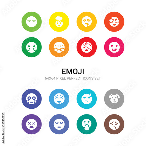 16 emoji vector icons set included disappointed emoji, disgusted emoji, dissapointment dizzy dog downcast with sweat drool embarrassed with head-bandage with steam from nose icons