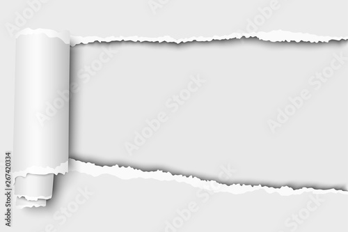 Oblong snatched hole in white sheet of paper from right side to left side which edges have shadow and paper curl. Vector paper template design.
