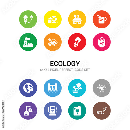 16 ecology vector icons set included bio, biodiesel, biofuel, biogas, biohazard, bonsai, dam, eco, eco bag, eco bulb, car icons