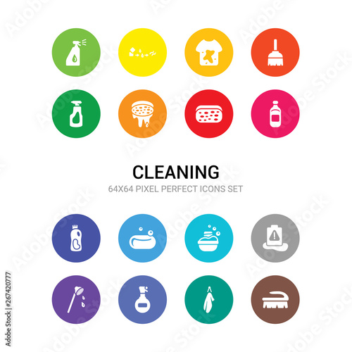 16 cleaning vector icons set included scrub brush, serviette, shampoo, shower head, slippery, soak, soap, softener, solvent, sponge, sponges icons