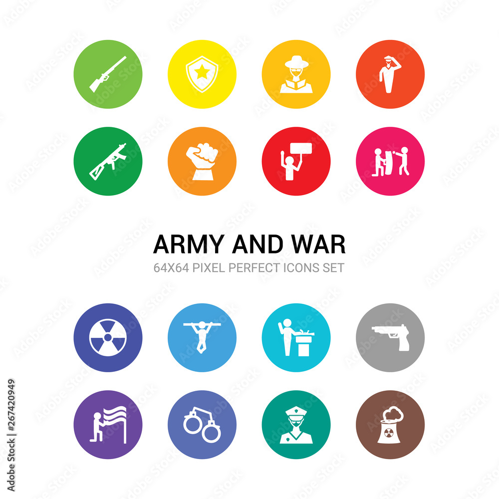 16 army and war vector icons set included nuclear, officer, pair of handcuffs, patriot, pistol, pledge, pull up, radiation, rebellion, revolt, revolution icons 16 army and war vector icons set included nuclear, officer, pair of handcuffs, patriot, pistol, pledge, pull up, radiation, rebellion, revolt, revolution icons