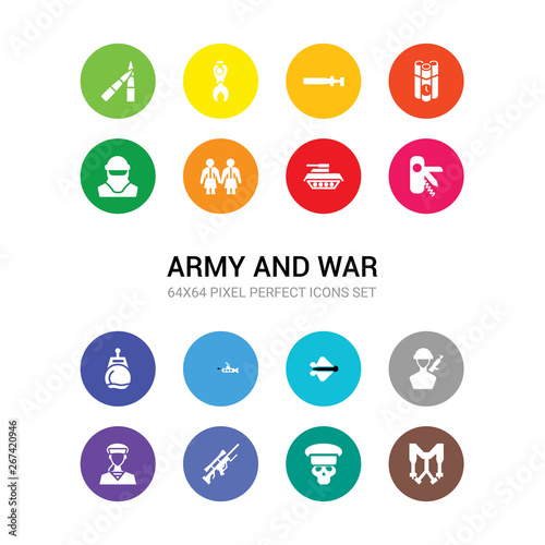 16 army and war vector icons set included shoulder strap, skull army, sniper rifle, soldier, soldiers and a weapon, stealth, submarine, submarine front view, swiss army knife, tank, terracotta icons