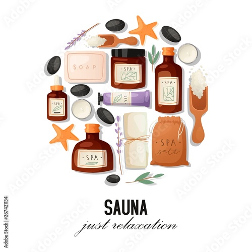 Sauna and spa banner vector illustration. Realistic plastic containers bottles, tubes and jars for cream, body lotion, shampoo and soap, milk and gel. Bath accessories and supplies.