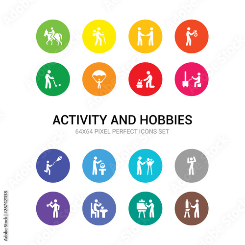 16 activity and hobbies vector icons set included drawing, easel, eating, exercising, failure, film making, fish bowl, flying a kite, game playing, gardening, gliding parachutist icons