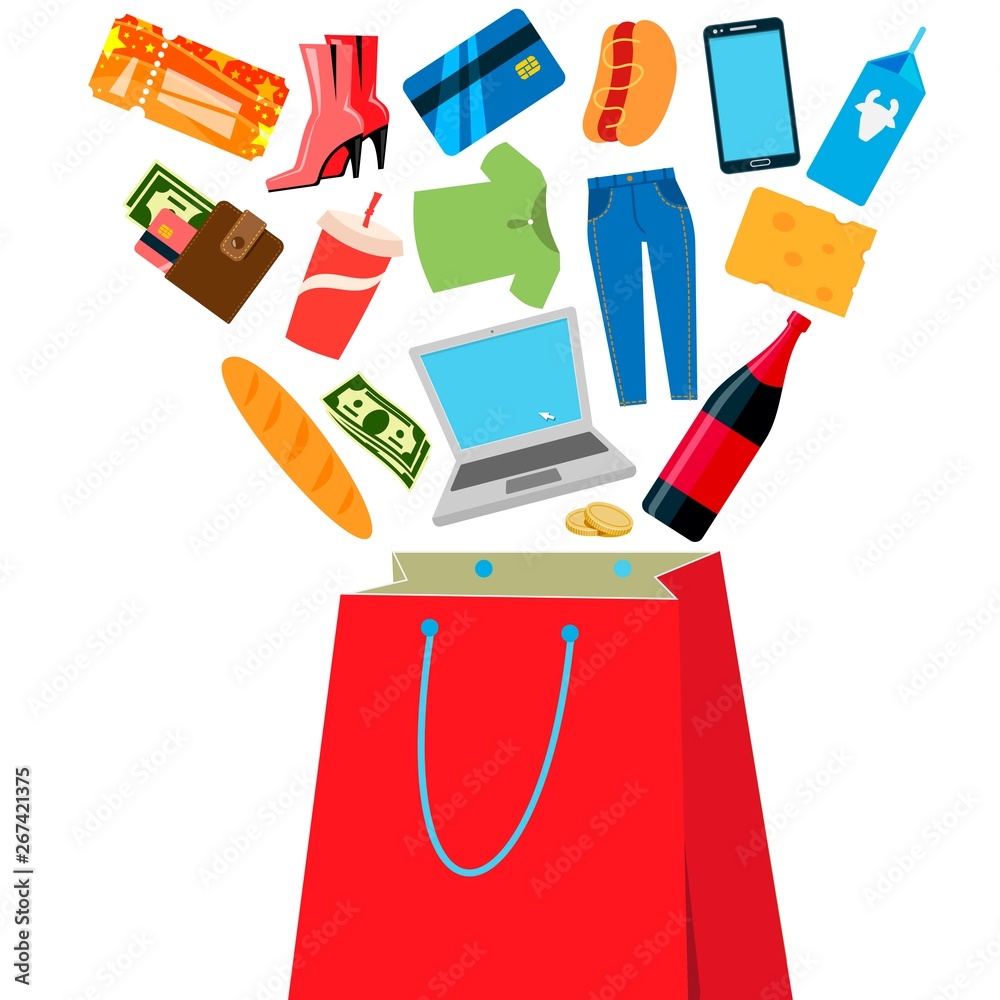 Shopping online bag with purchase banner vector illustration. Consumer goods such as clothes, shoes, food and drink, gadgets and devices. Purse with money and card. Cinema ticket.