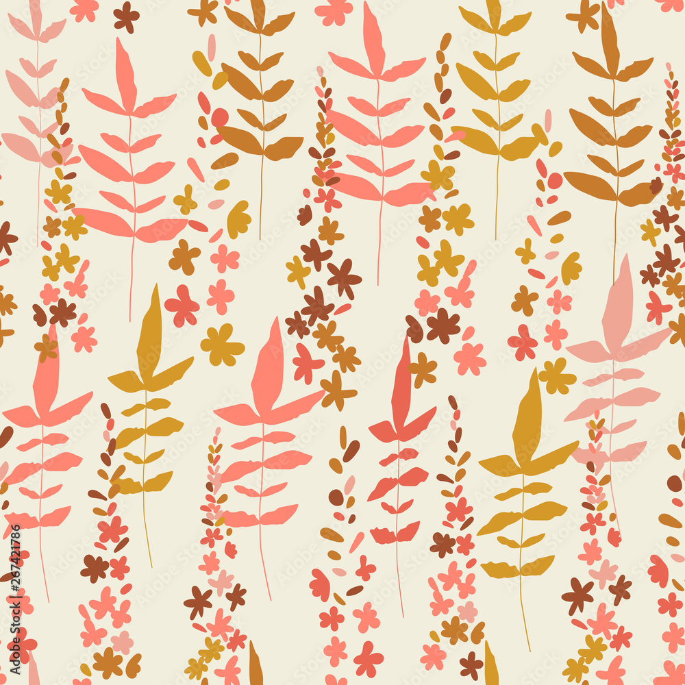 Floral vector seamless pattern. Simple stylized flowers and leaves background made with clipping mask for easy editing. Floral vector seamless pattern. Simple stylized flowers and leaves background made with clipping mask for easy editing.