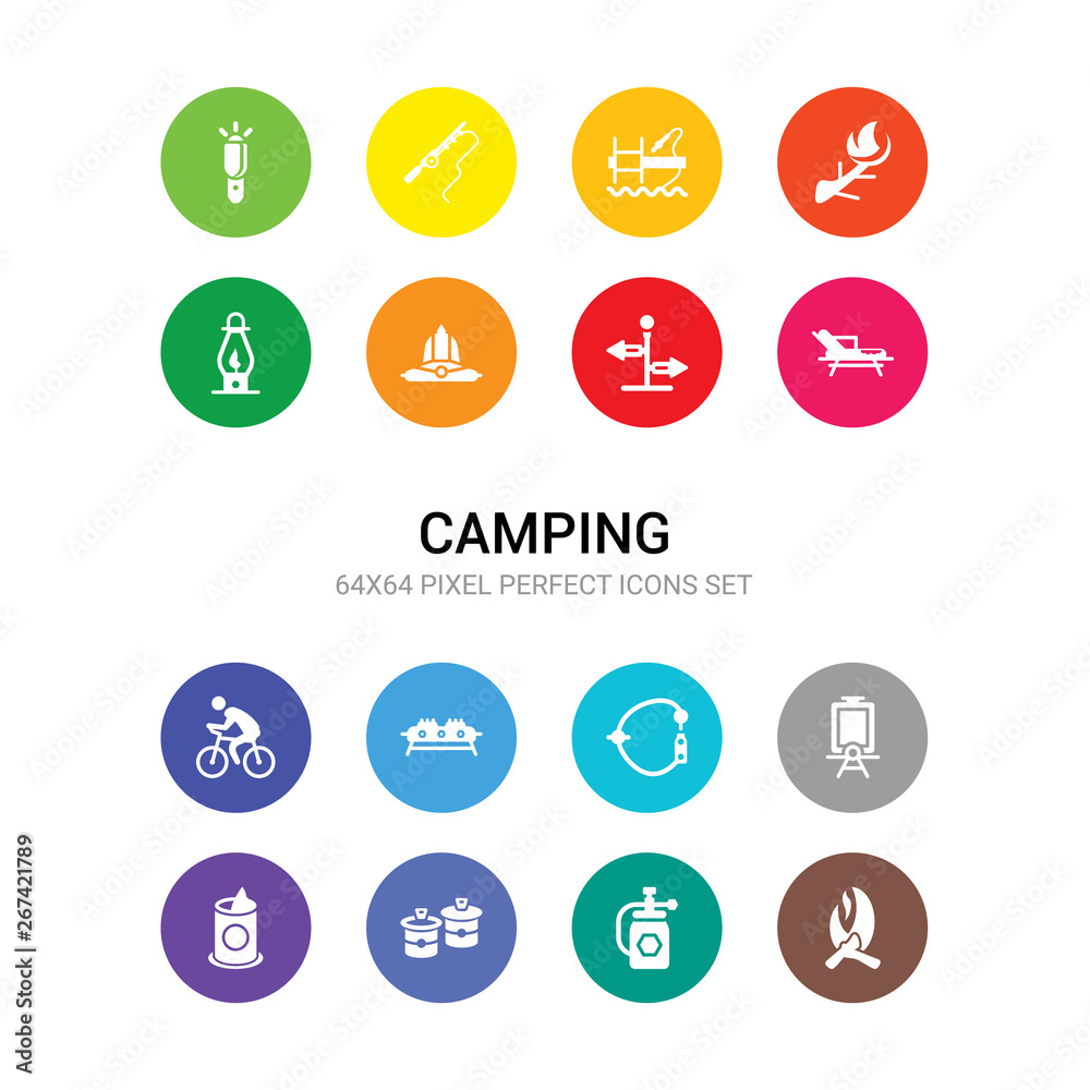 16 camping vector icons set included campfire, camping gas, can, canned food, canvas, carabiner, cooking gas, cyclist, deck chair, direction, explorer hat icons 16 camping vector icons set included campfire, camping gas, can, canned food, canvas, carabiner, cooking gas, cyclist, deck chair, direction, explorer hat icons