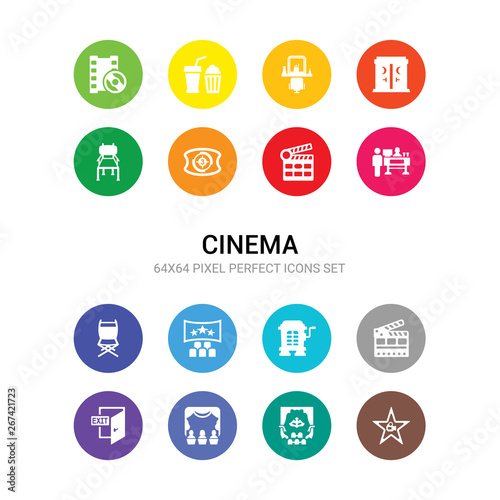 16 cinema vector icons set included cinema celebrity, cinema curtain, curtains, exit, flapper, hurdy gurdy, screen, seats, snack bar, clapperboard, countdown icons