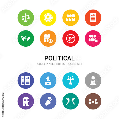 16 political vector icons set included equality, freedom, hand holding vote paper, health clinic, human, human rights, man holding the vote paper on the box, news, ngo, no weapons, pacifism icons