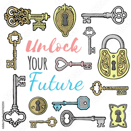 Unlock your future banner vector illustration. Open and closed vintage padlock. Secret or mystery. Cartoon set of keys and locks of different design, style, size and shape.