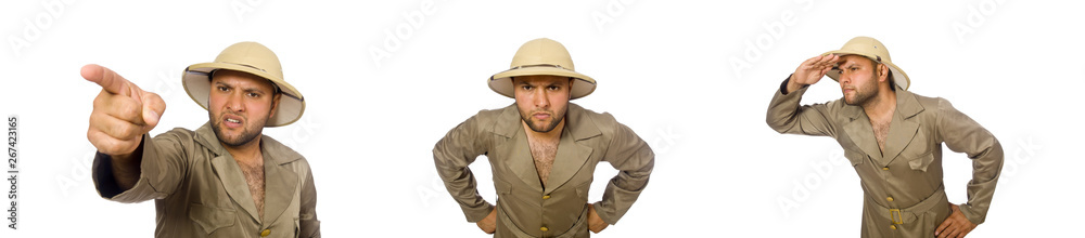 Man in safari hat isolated on white Man in safari hat isolated on white