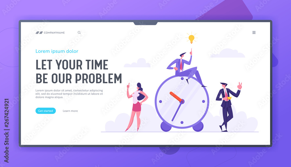 Time Management Concept Landing Page with Team Business Characters. Organization of Work Process with Alarm Clock and Businessmen. Man with Idea Light Bulb Web Banner. Vector flat cartoon illustration Time Management Concept Landing Page with Team Business Characters. Organization of Work Process with Alarm Clock and Businessmen. Man with Idea Light Bulb Web Banner. Vector flat cartoon illustration