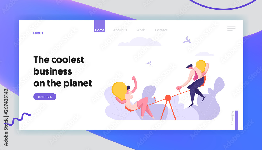 Business Competition Landing Page Concept with Man and Woman Characters with Light Bulb. Business Challenge Opportunity. Businesswoman Celebrating Victory Web Page Banner. Vector flat illustration Business Competition Landing Page Concept with Man and Woman Characters with Light Bulb. Business Challenge Opportunity. Businesswoman Celebrating Victory Web Page Banner. Vector flat illustration