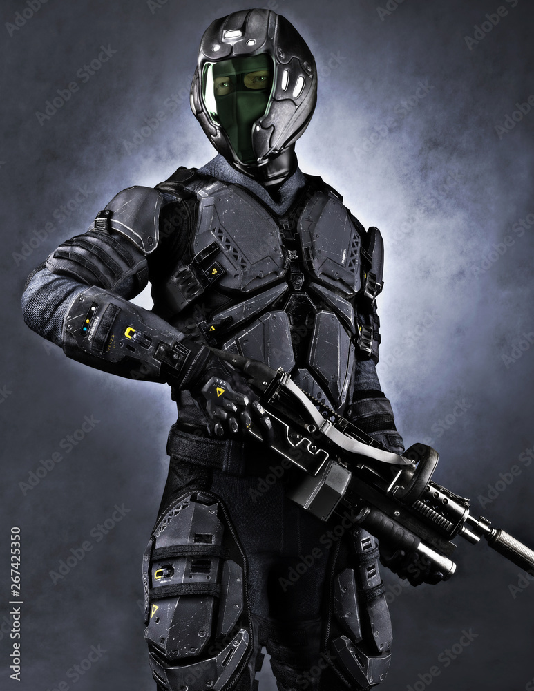 Portrait of a masked futuristic armored soldier with a studio background. 3d rendering