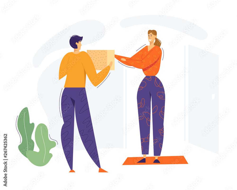 Delivery Man Giving Box to the Client. Delivery Shipping Service Concept with Courier Man Character  and Parcel, Woman Receiving Package. Vector flat illustration