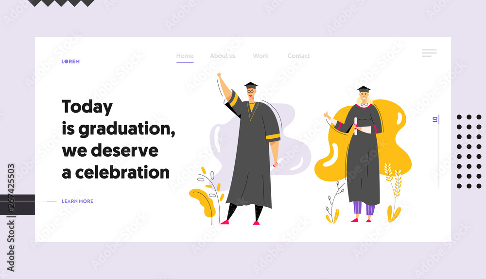 Graduating Students with Diploma Banner Template. Man and Woman Characters Graduation Education Concept. University Student College Graduate Landing Page. Vector flat cartoon illustration Graduating Students with Diploma Banner Template. Man and Woman Characters Graduation Education Concept. University Student College Graduate Landing Page. Vector flat cartoon illustration
